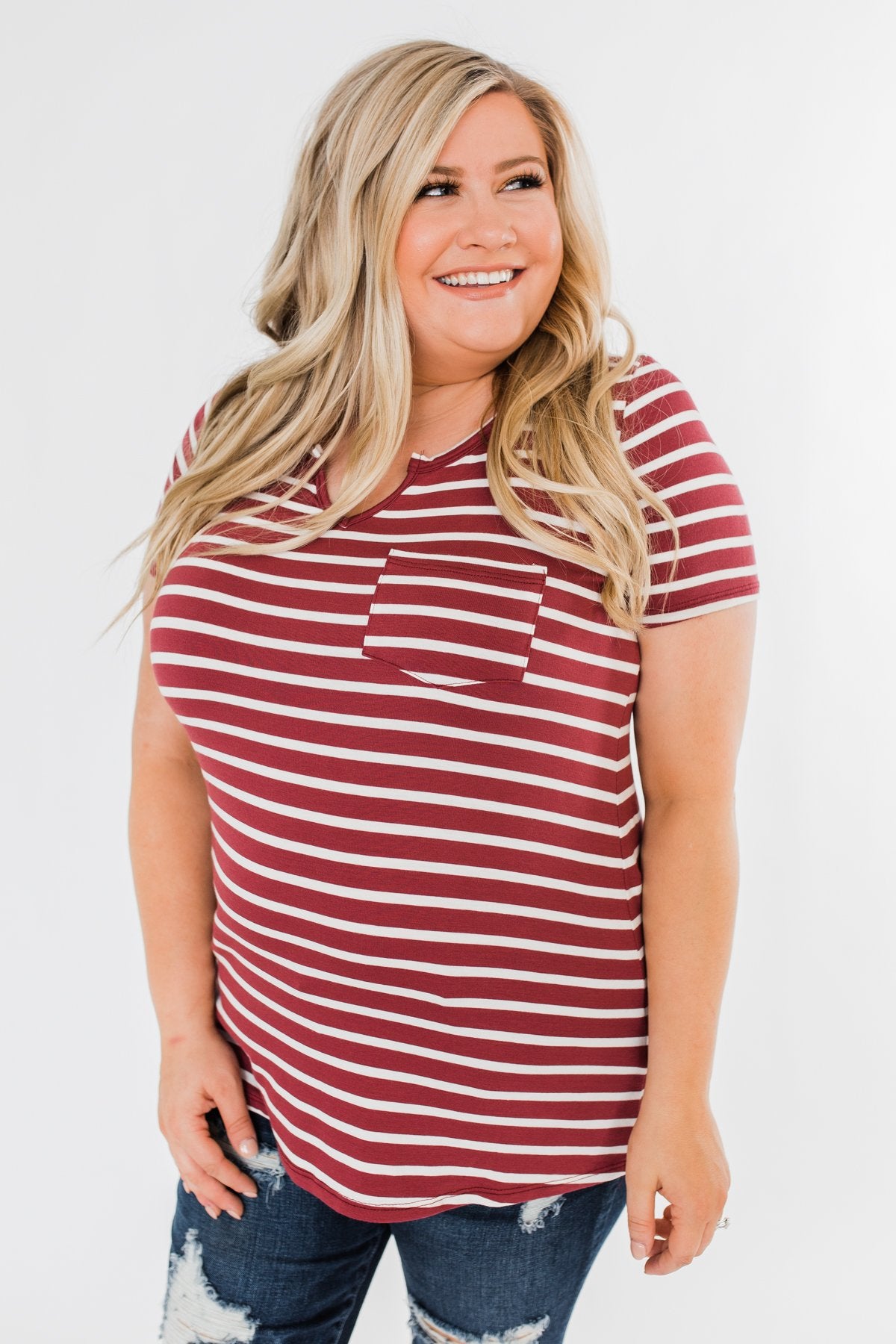 This is Me Striped Notch Pocket Top- Brick Red & Ivory