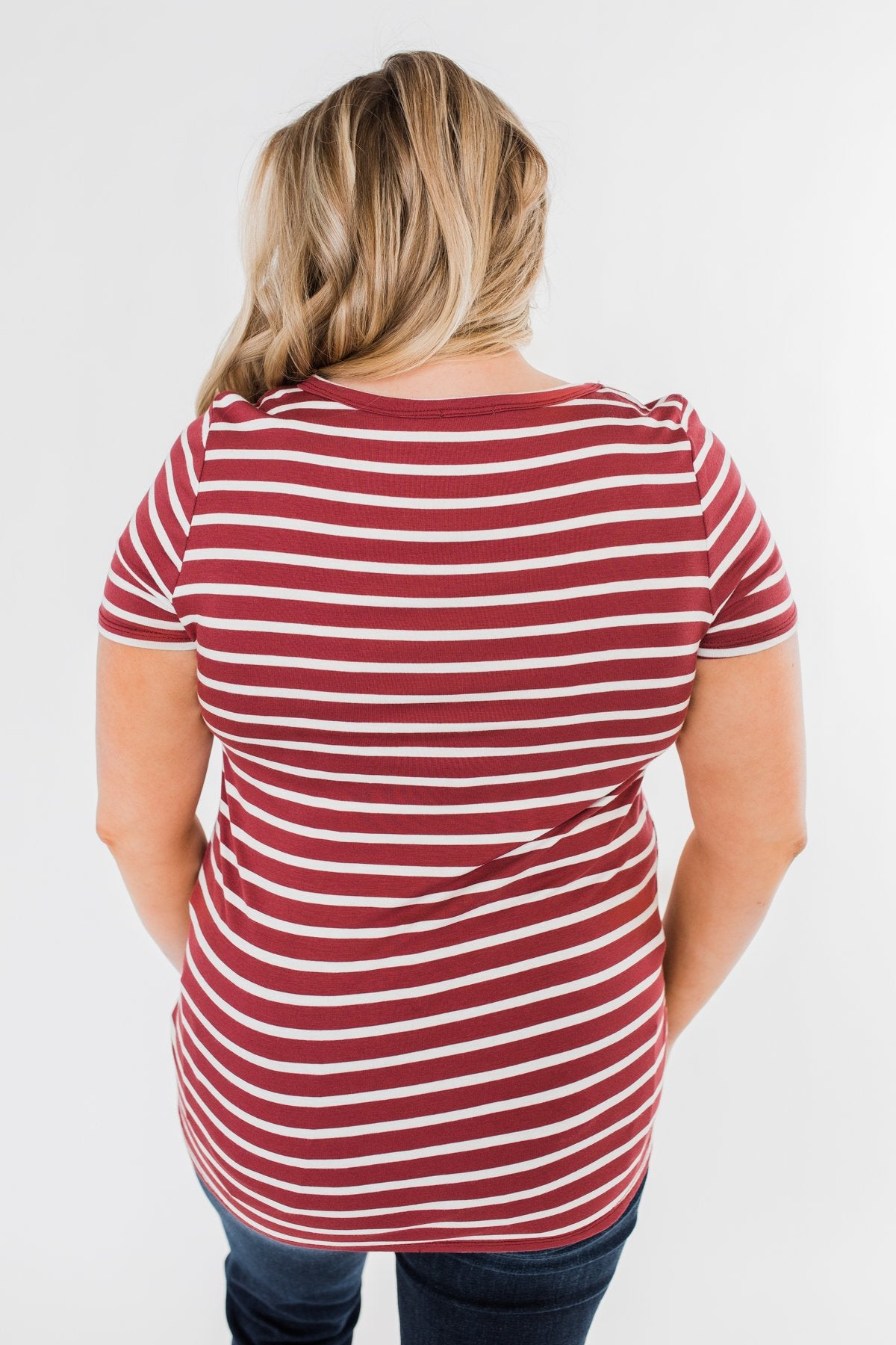 This is Me Striped Notch Pocket Top- Brick Red & Ivory