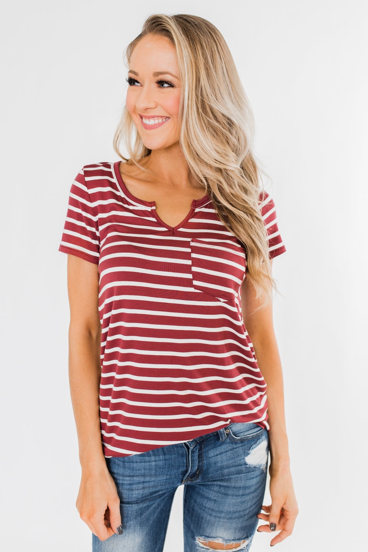 This is Me Striped Notch Pocket Top- Brick Red & Ivory