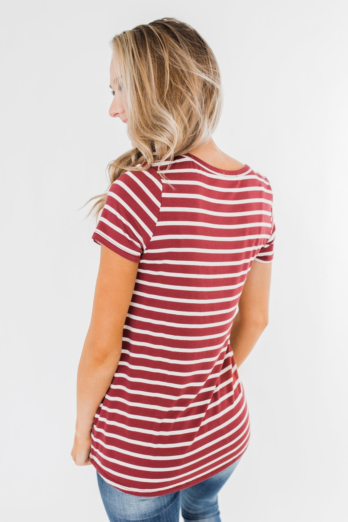 This is Me Striped Notch Pocket Top- Brick Red & Ivory