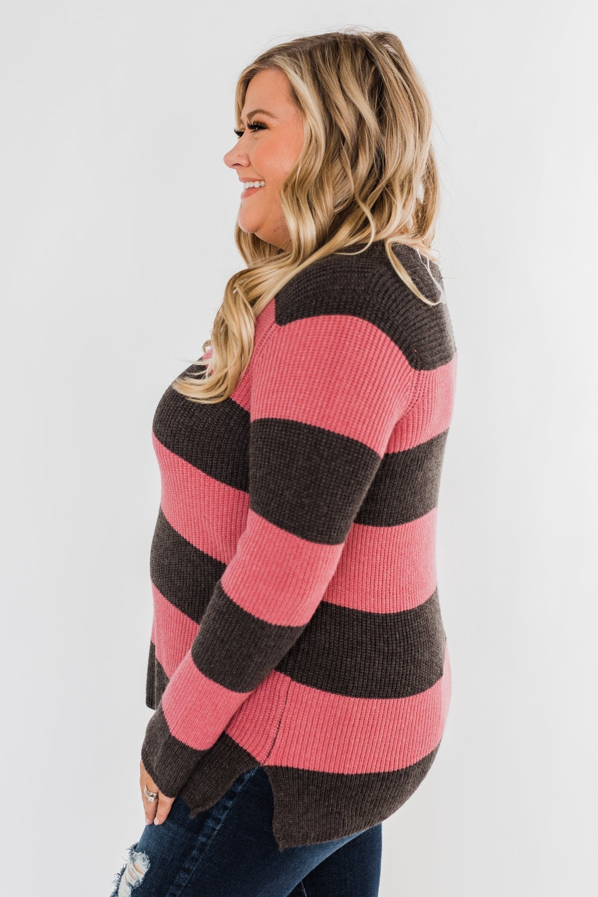 Striped Knit Sweater- Pink & Charcoal