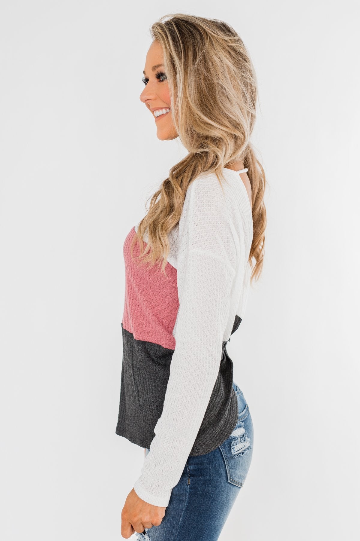 Away We Go Color Block Waffle Knit Top- Pink & Charcoal