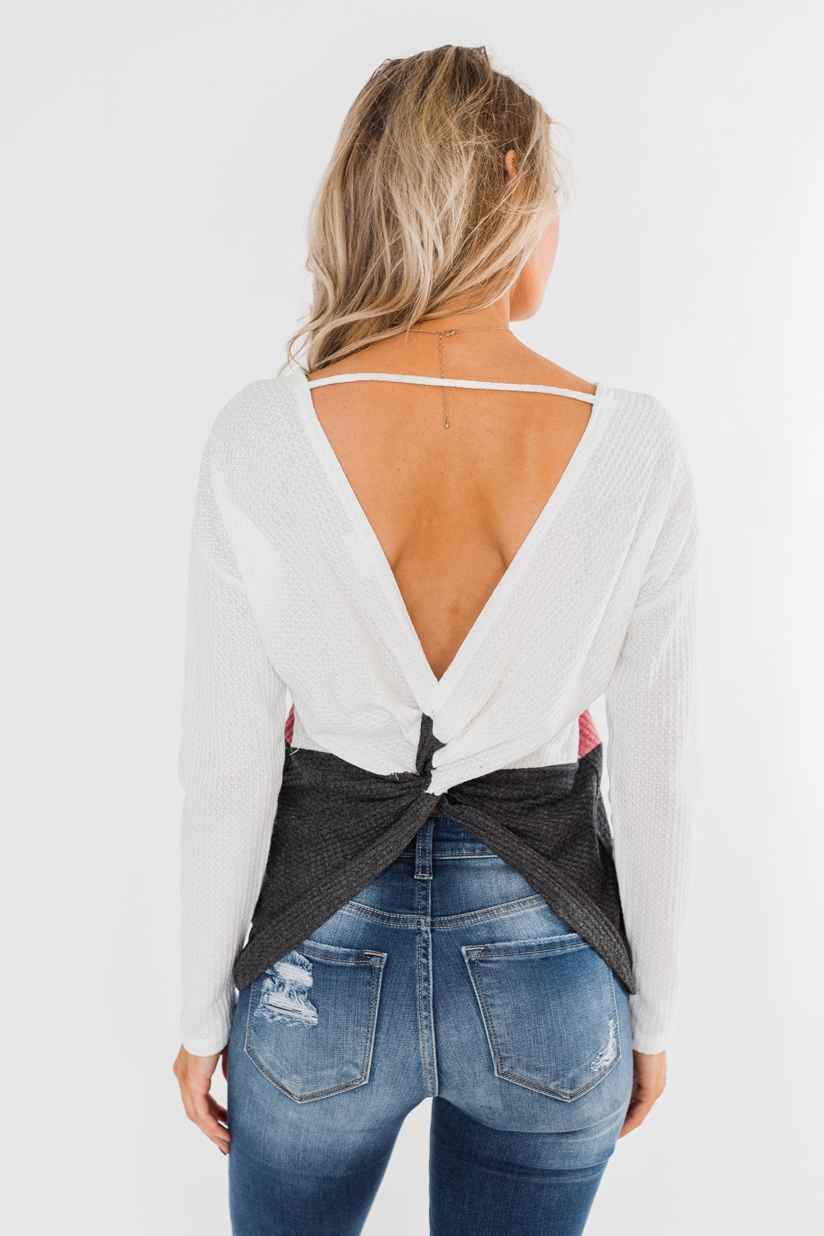 Away We Go Color Block Waffle Knit Top- Pink & Charcoal