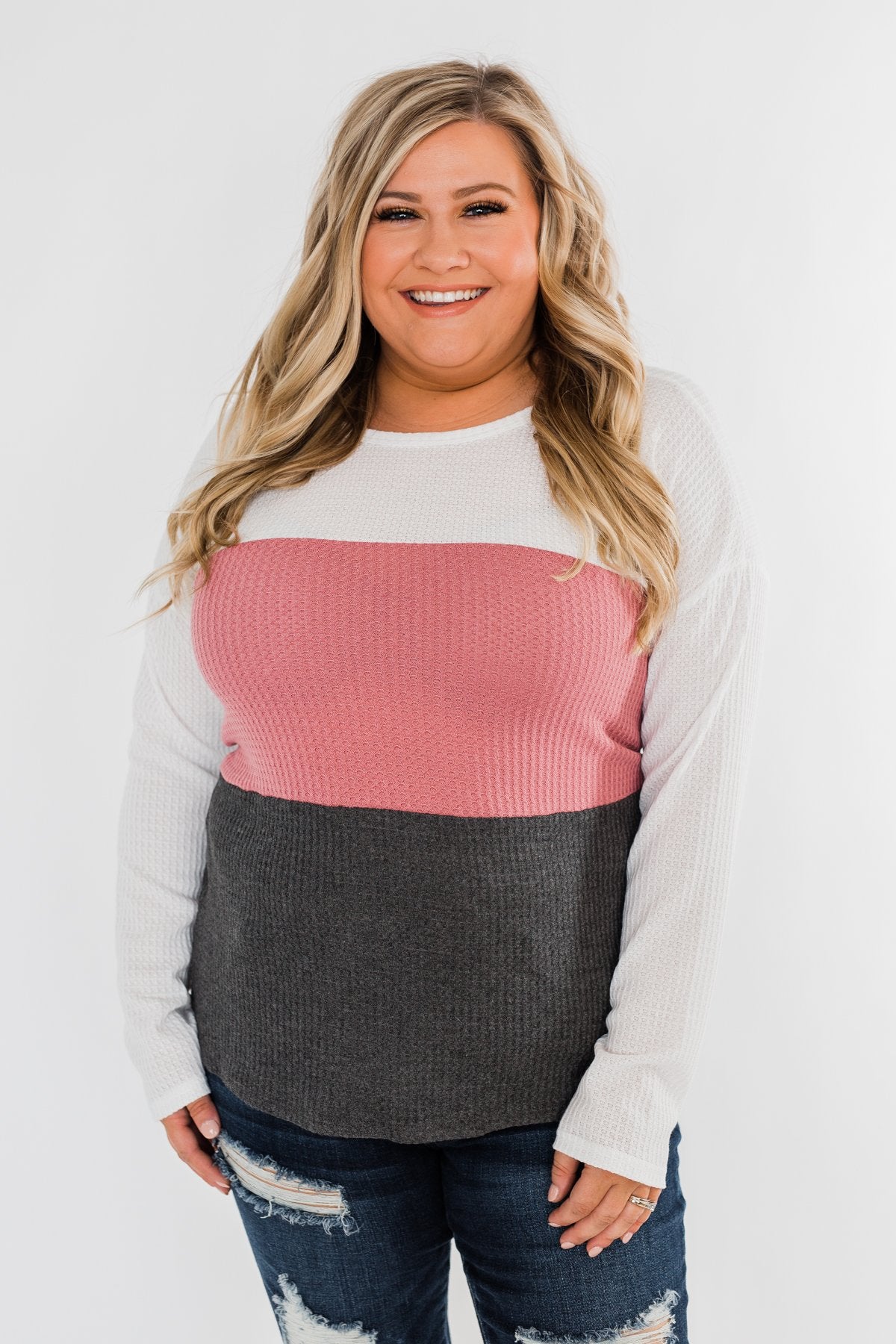 Away We Go Color Block Waffle Knit Top- Pink & Charcoal