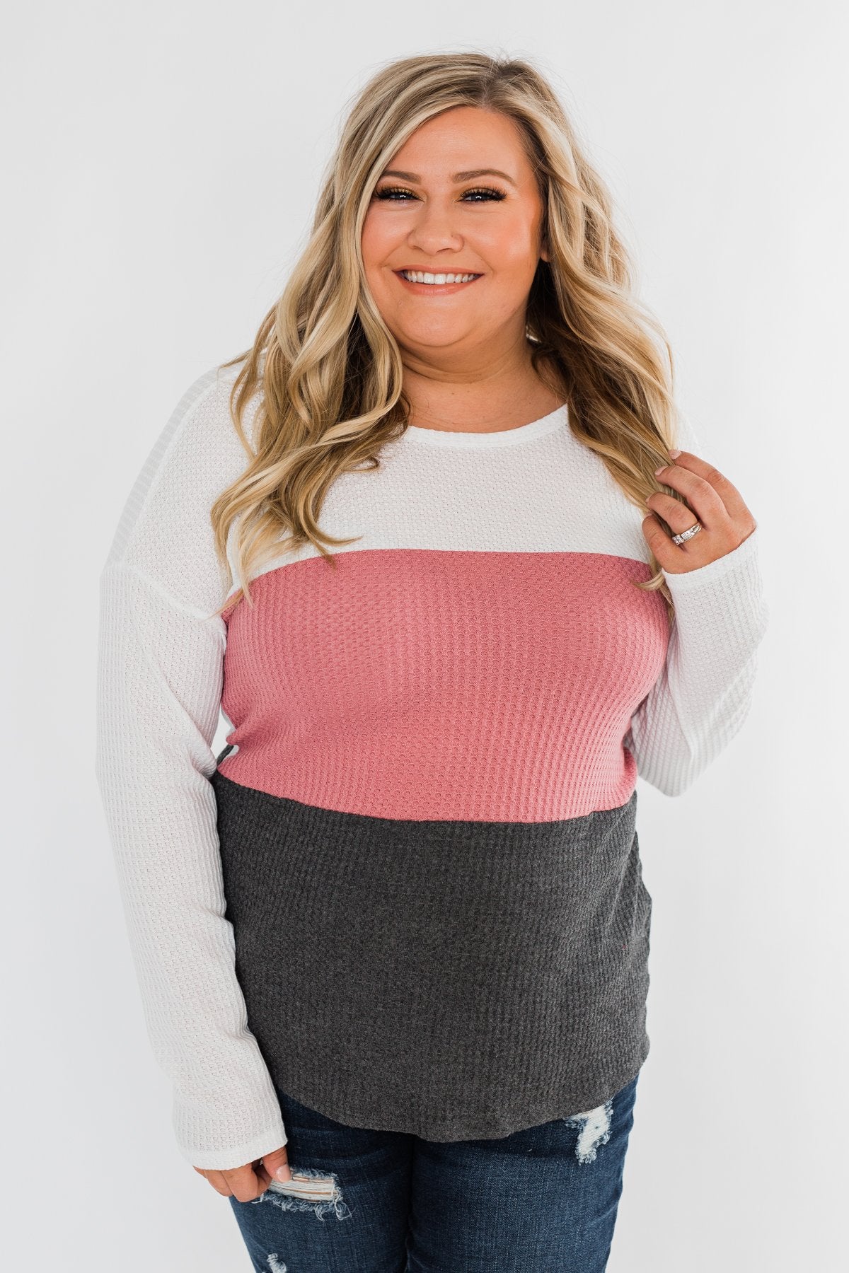 Away We Go Color Block Waffle Knit Top- Pink & Charcoal