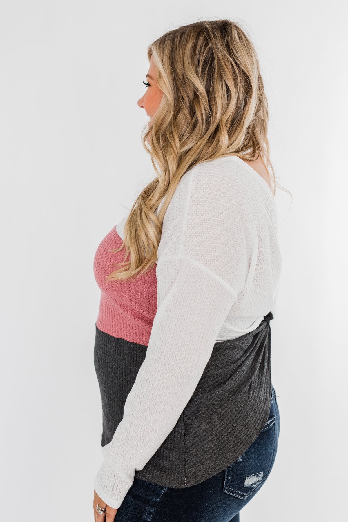 Away We Go Color Block Waffle Knit Top- Pink & Charcoal