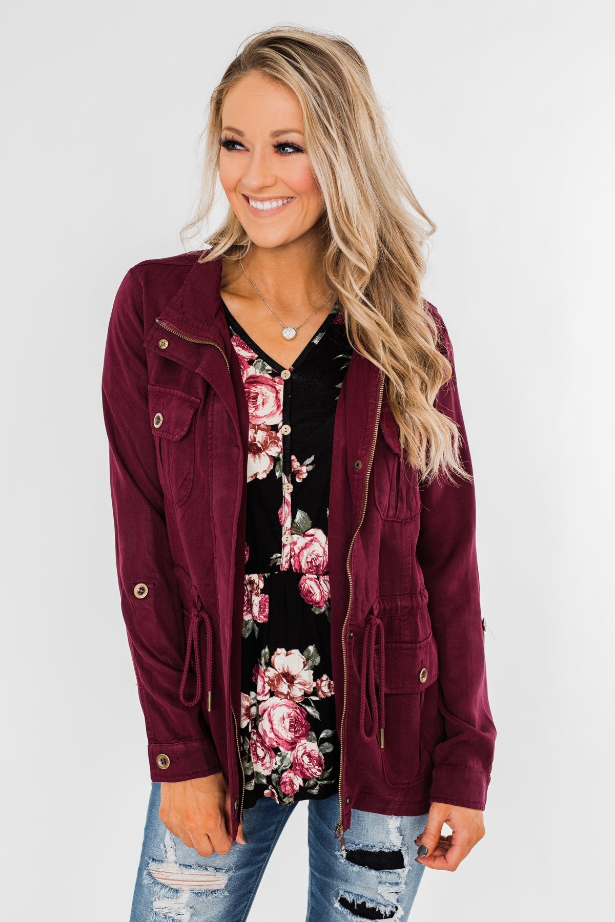 Carried Away Drawstring Waist Jacket- Wine