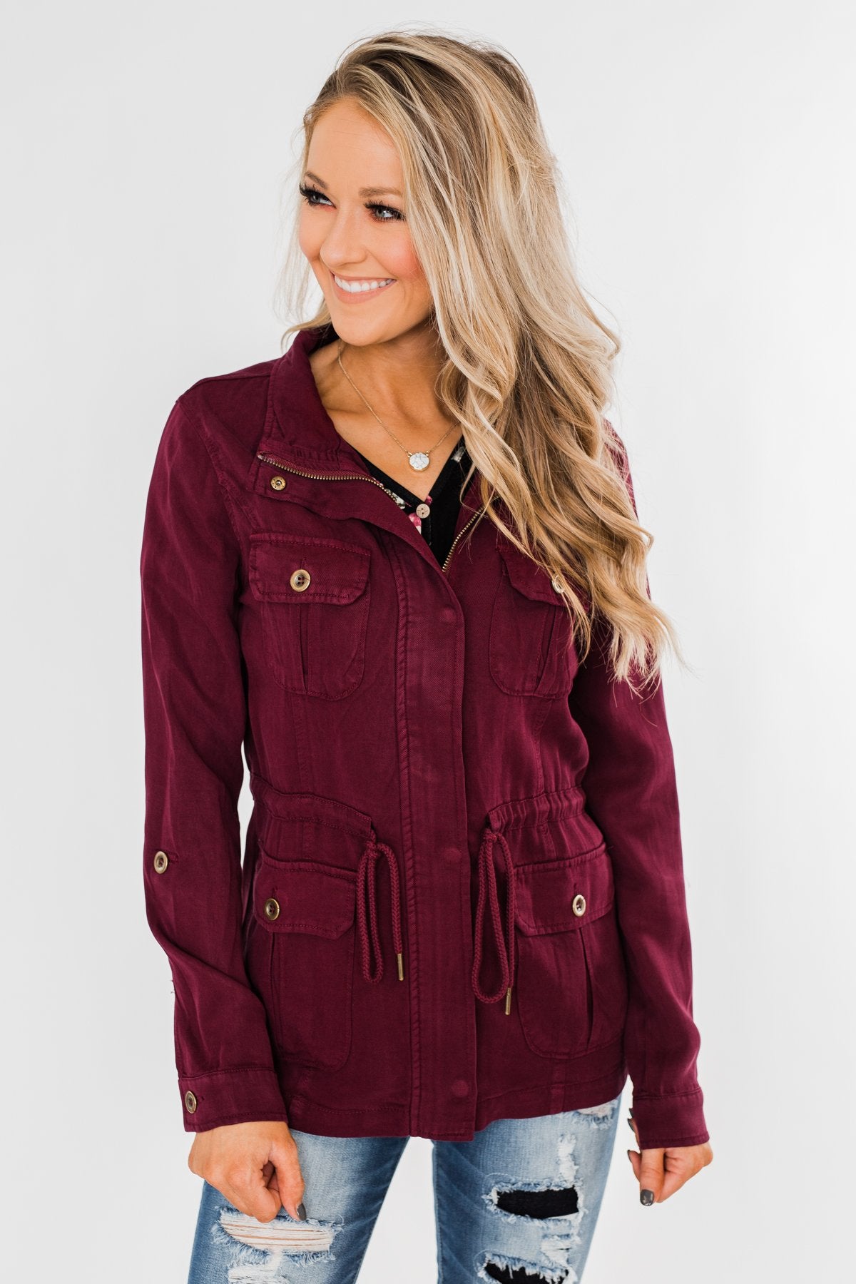 Carried Away Drawstring Waist Jacket- Wine