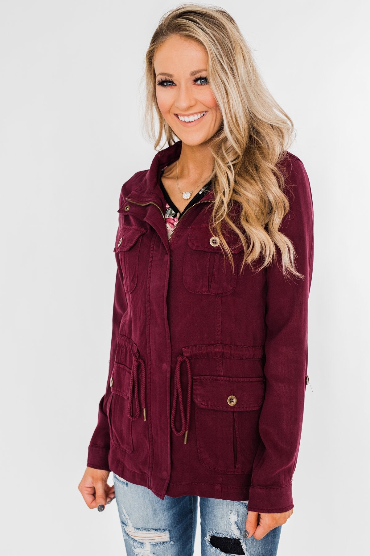 Carried Away Drawstring Waist Jacket- Wine