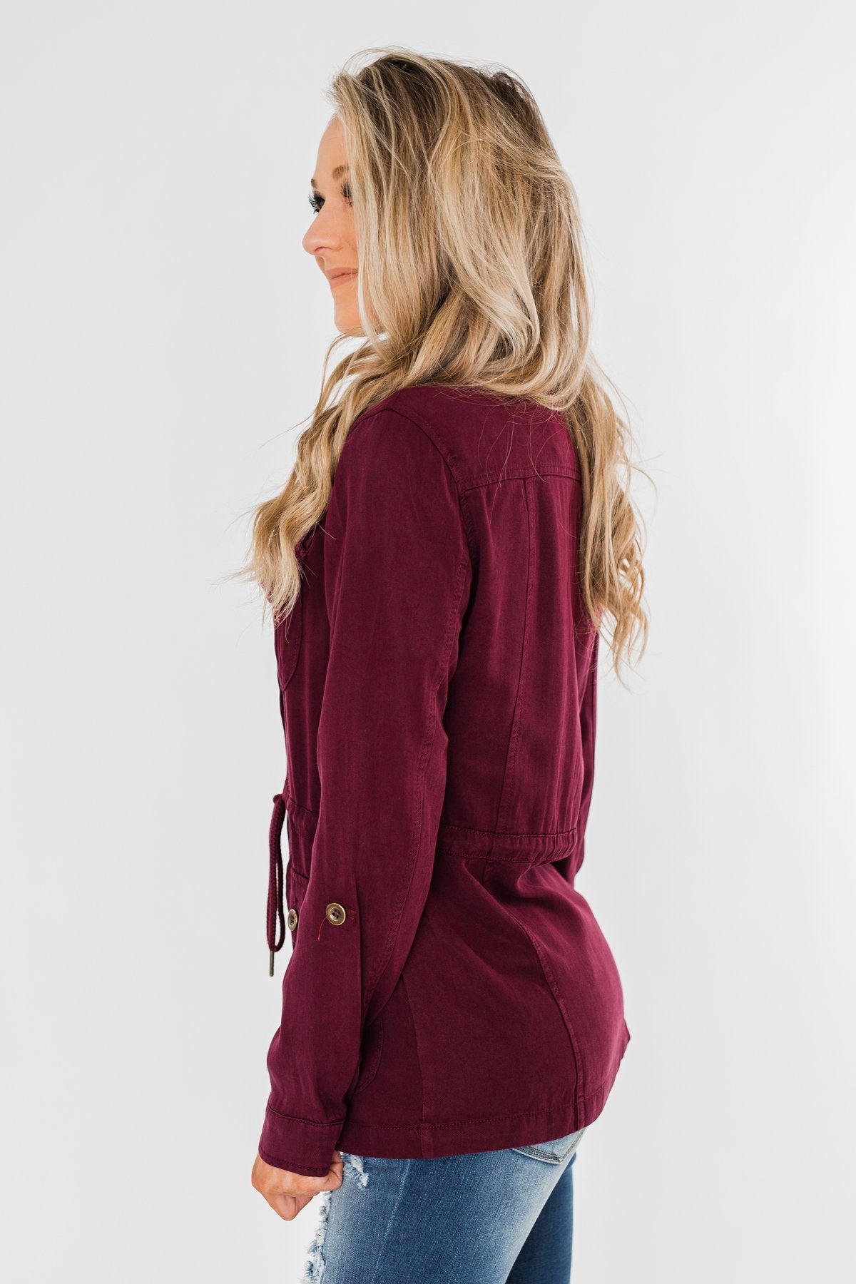 Carried Away Drawstring Waist Jacket- Wine