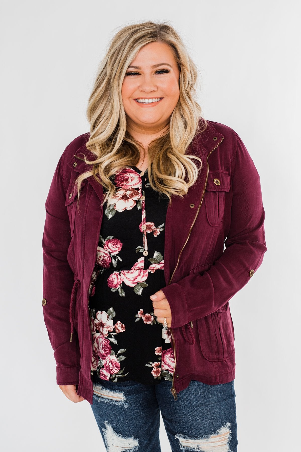 Carried Away Drawstring Waist Jacket- Wine