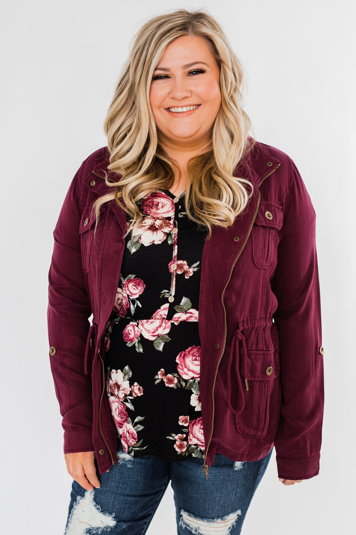 Carried Away Drawstring Waist Jacket- Wine