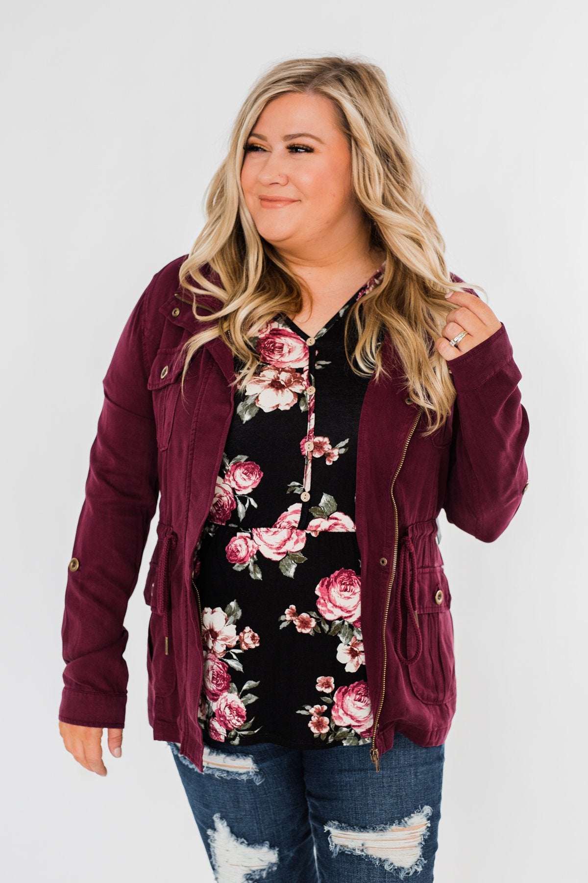 Carried Away Drawstring Waist Jacket- Wine