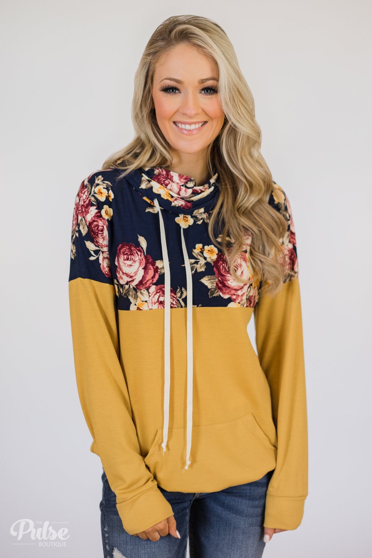 Just What I Need Floral Cowl Neck- Honey Yellow & Navy