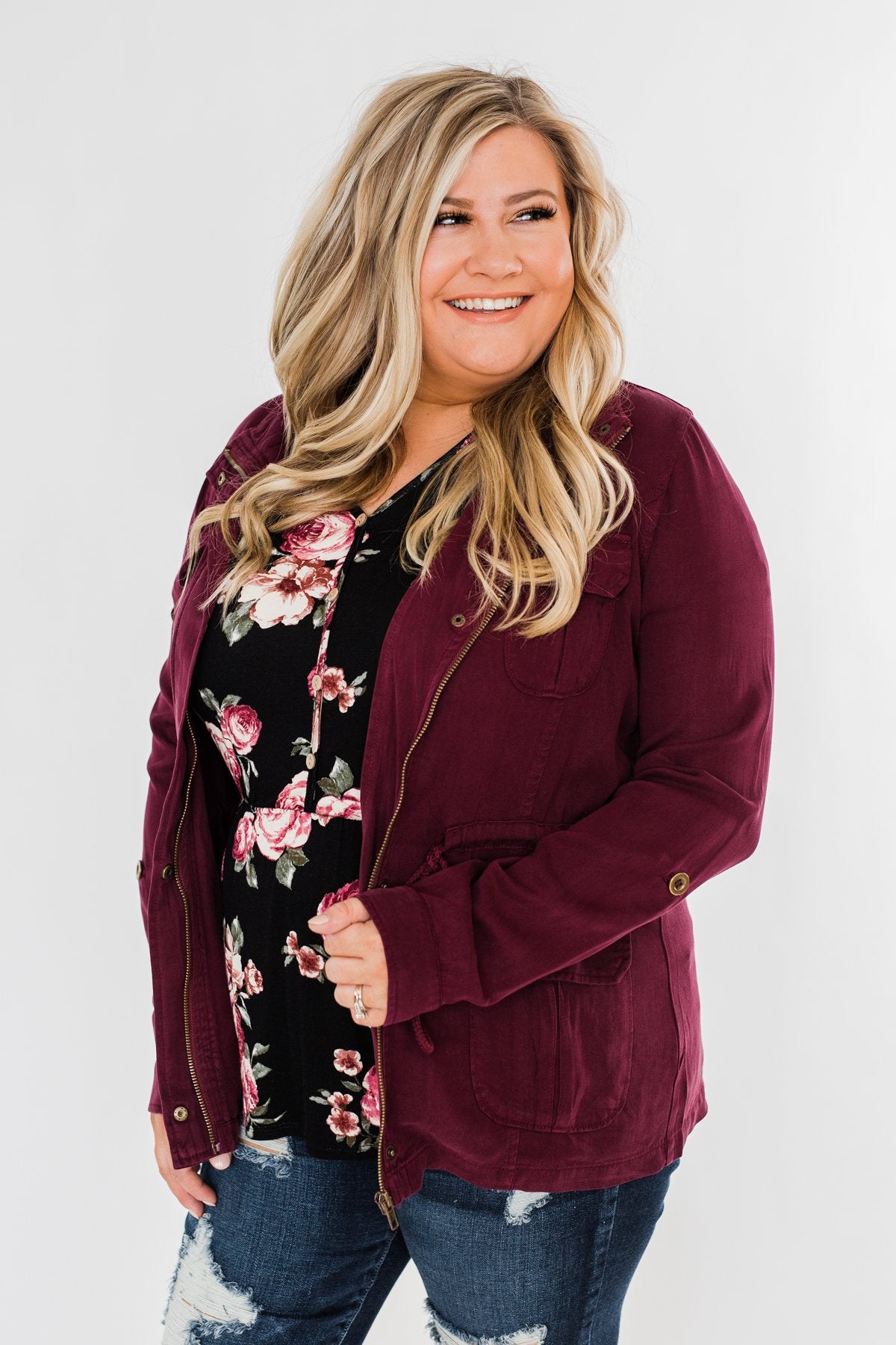 Carried Away Drawstring Waist Jacket- Wine