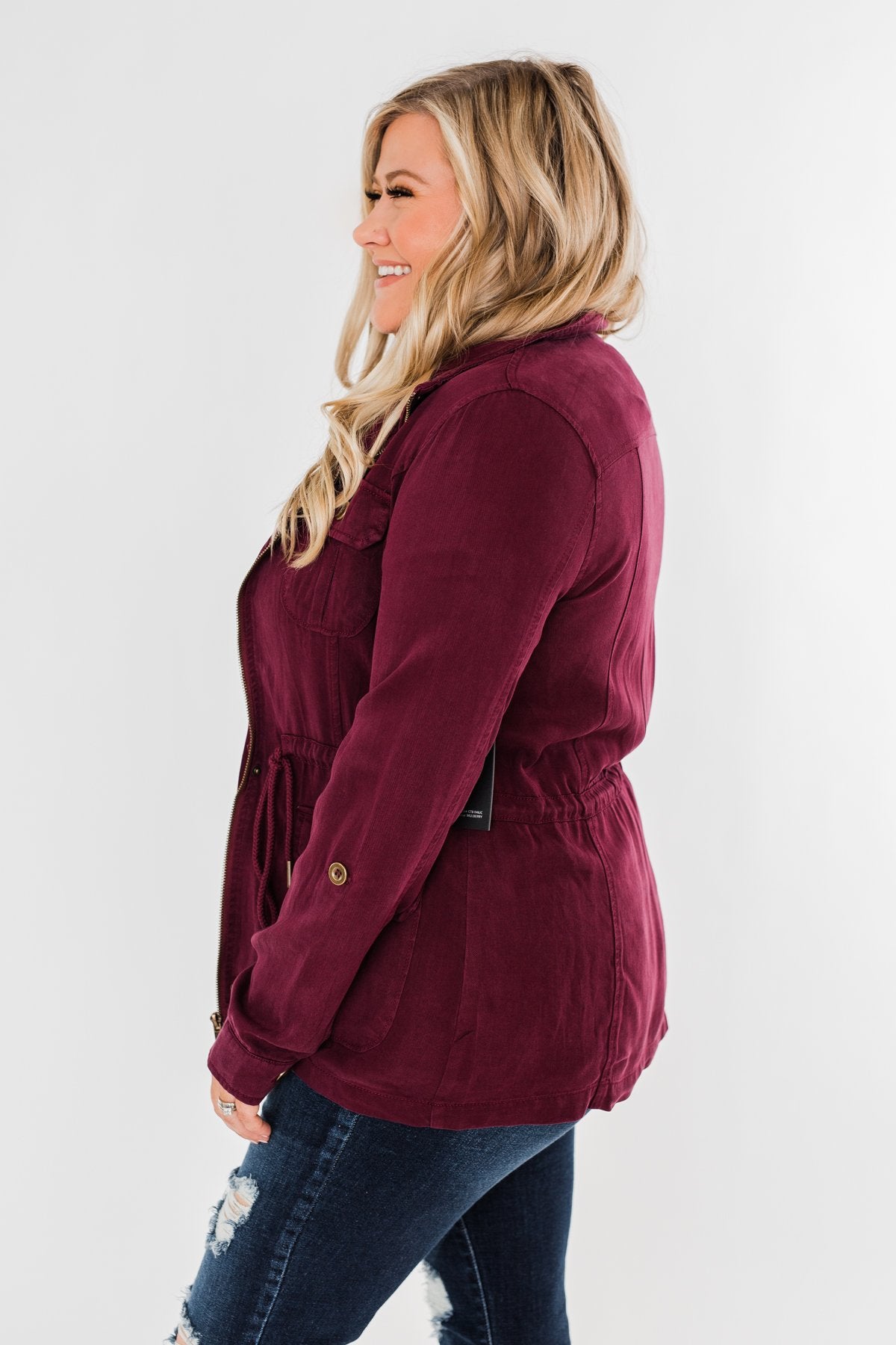 Carried Away Drawstring Waist Jacket- Wine