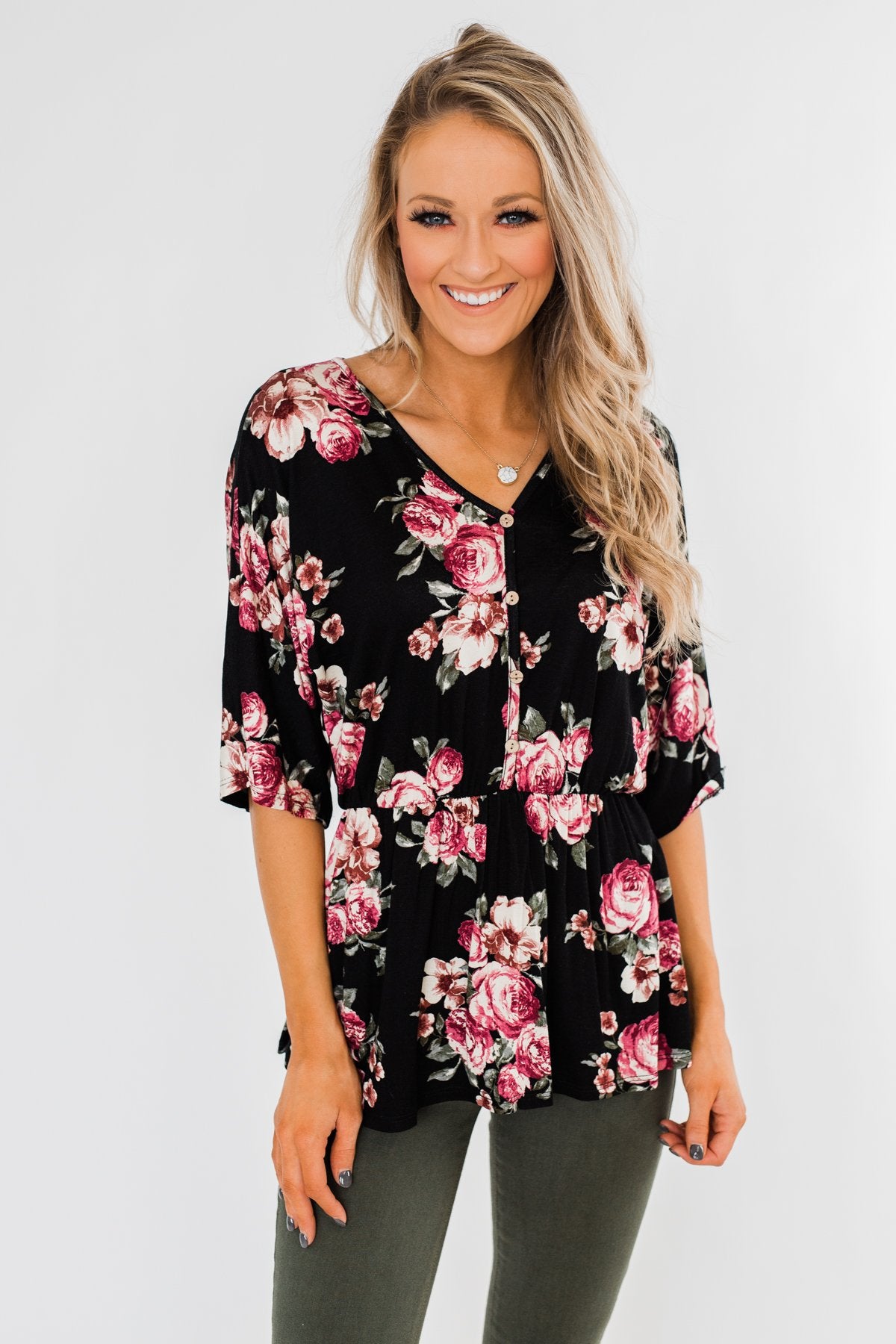 The Way To My Heart Floral Button Top- Black