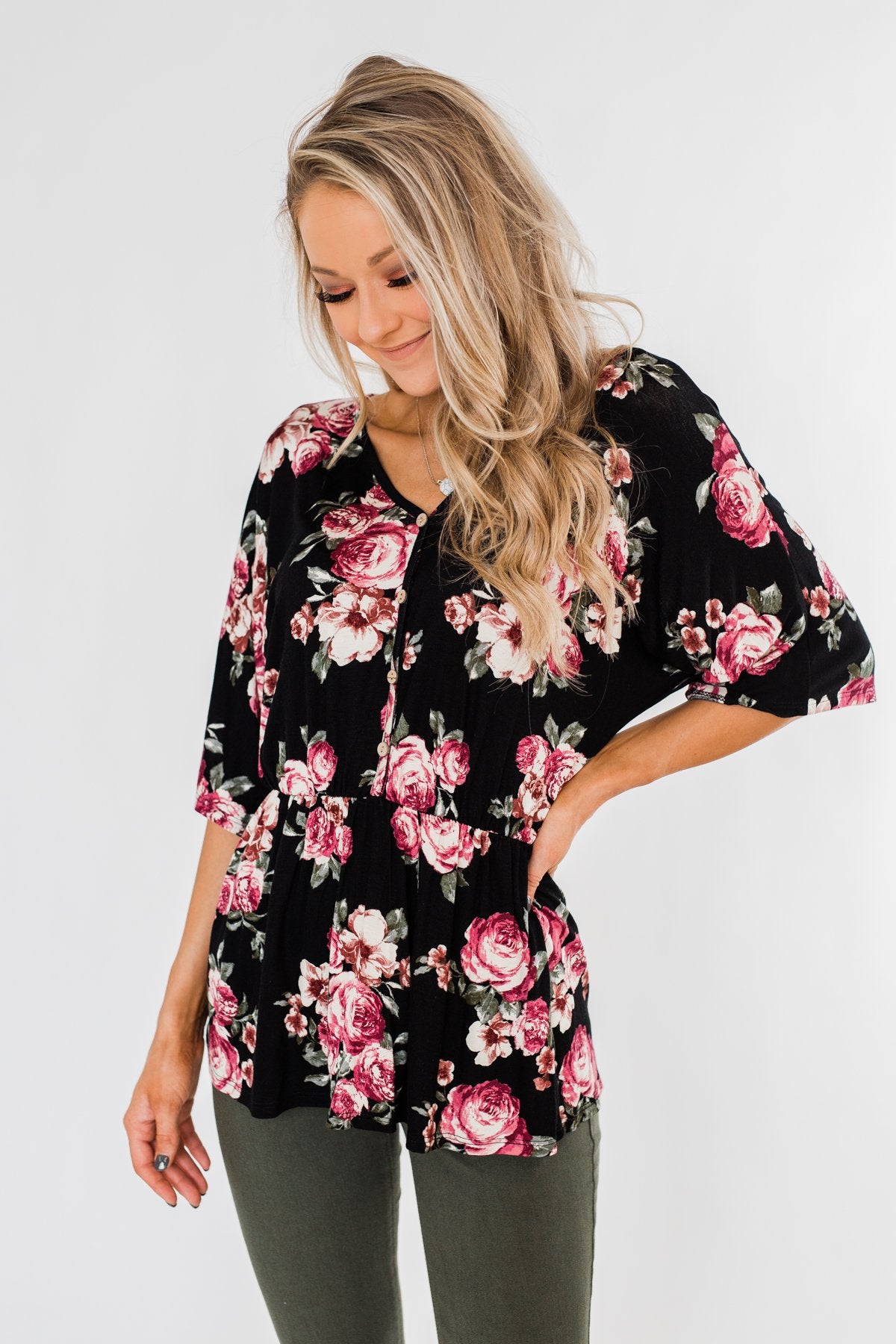 The Way To My Heart Floral Button Top- Black