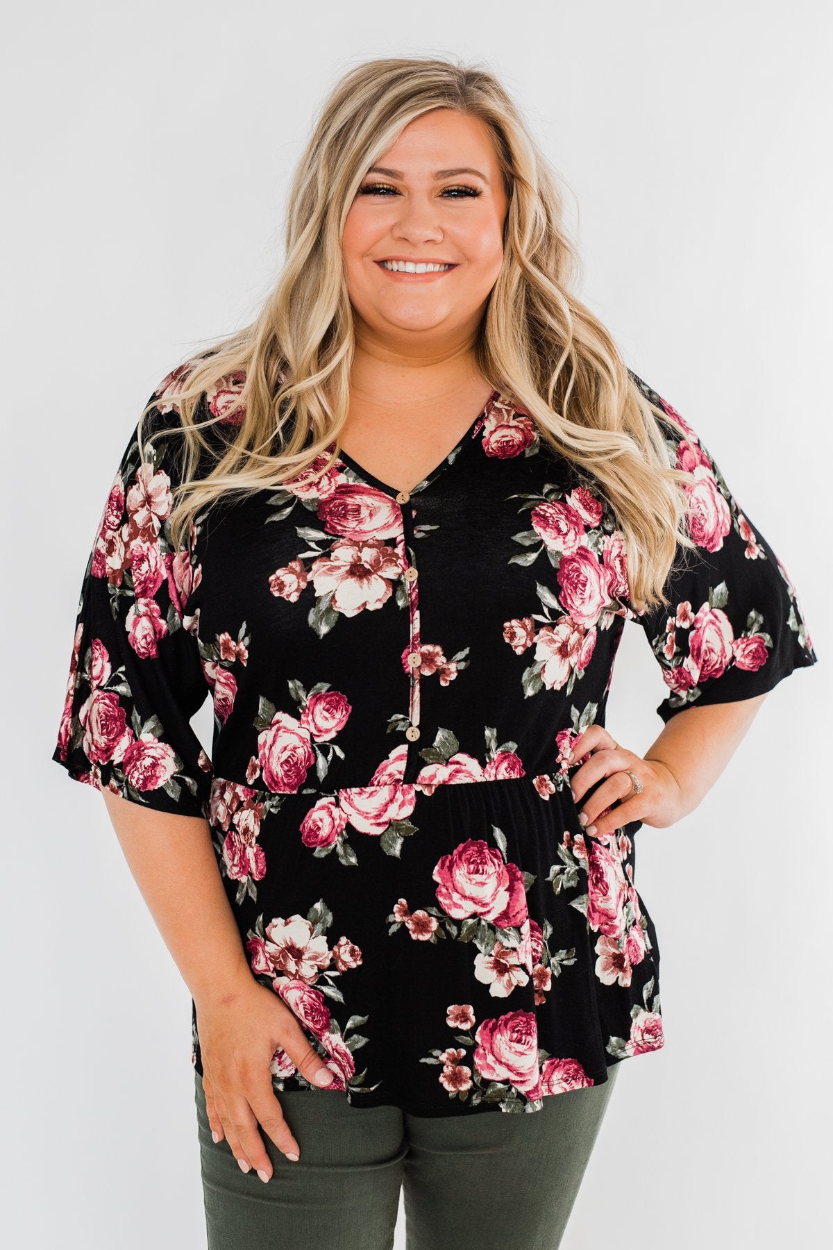The Way To My Heart Floral Button Top- Black