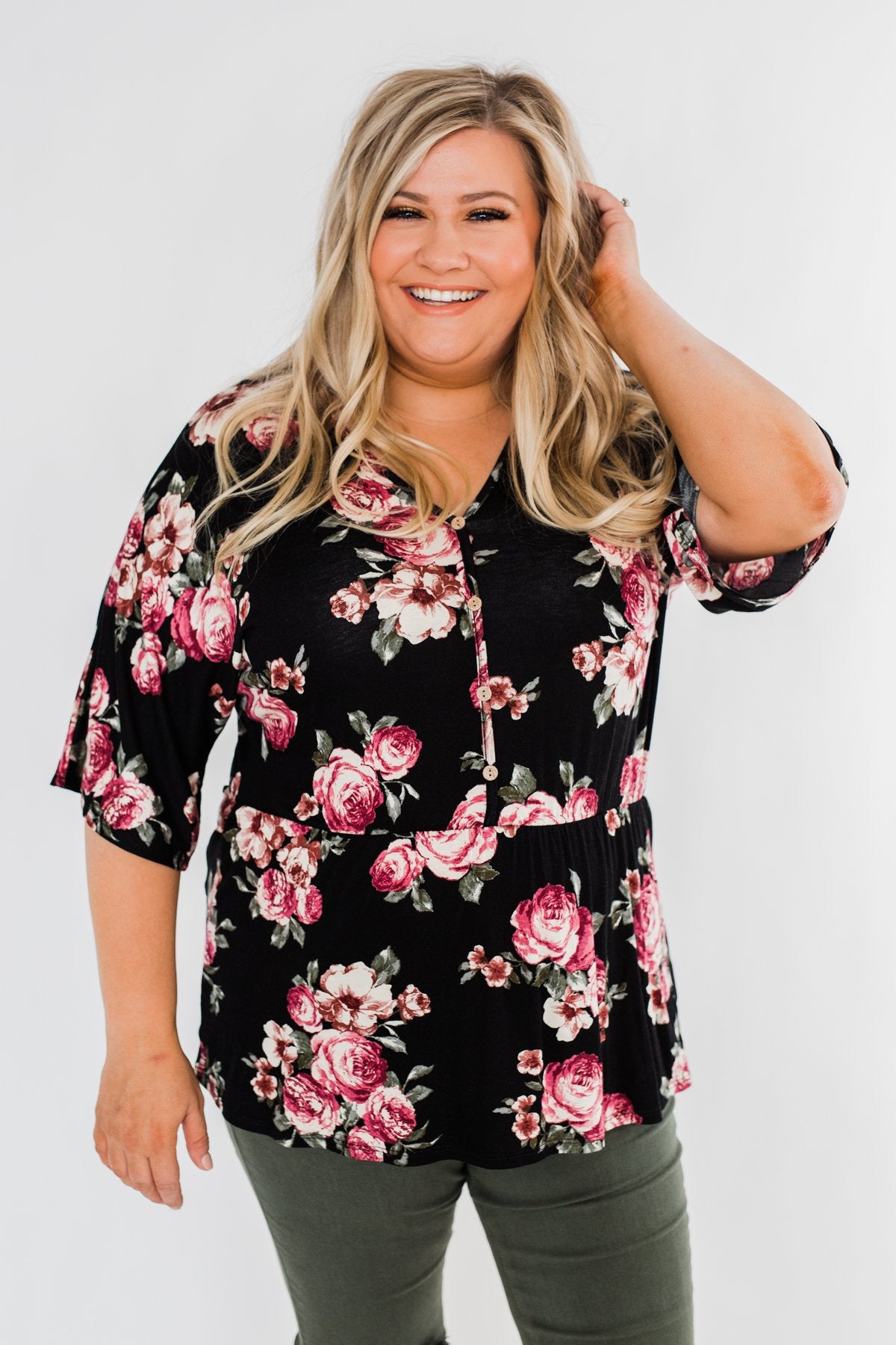 The Way To My Heart Floral Button Top- Black