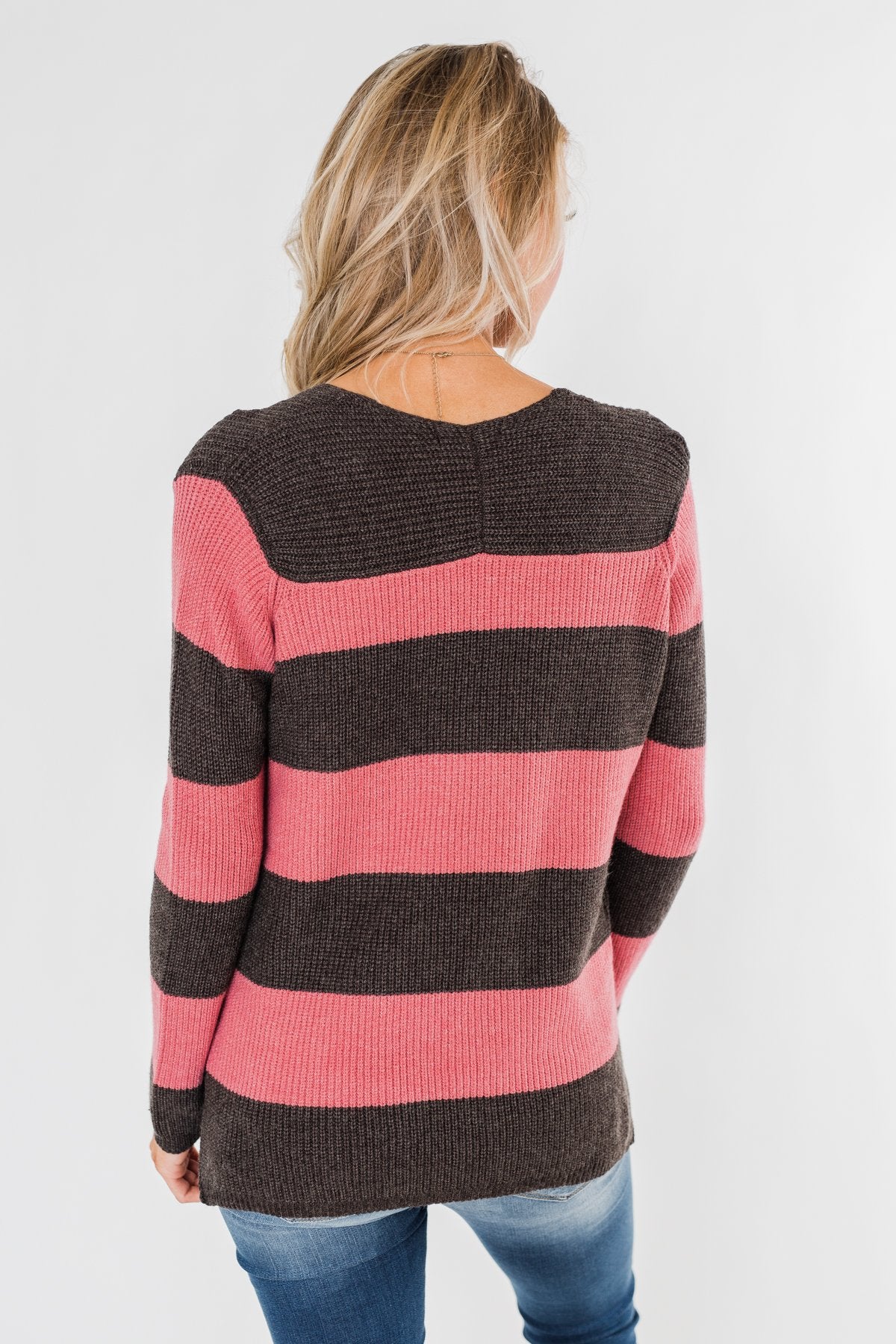 Striped Knit Sweater- Pink & Charcoal