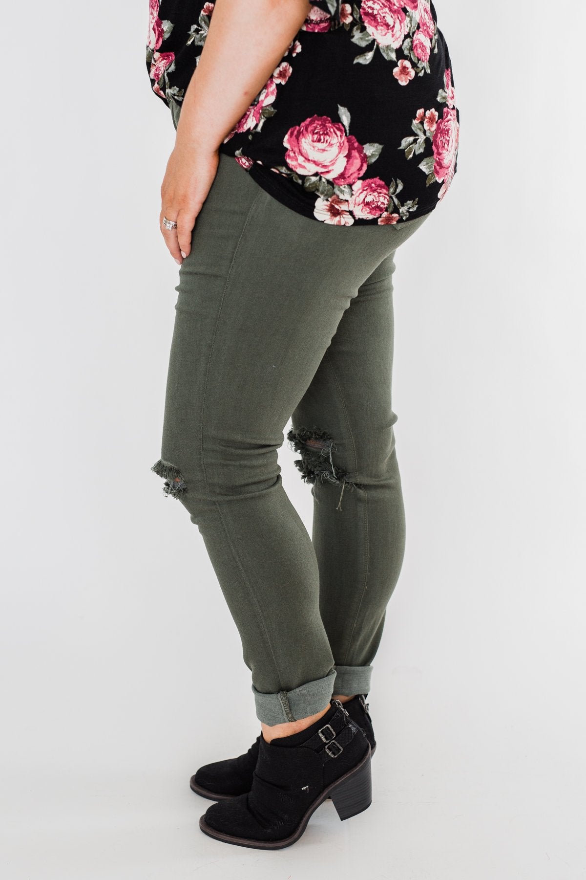 Kan Can Jeans- Knee Distressed Army Green