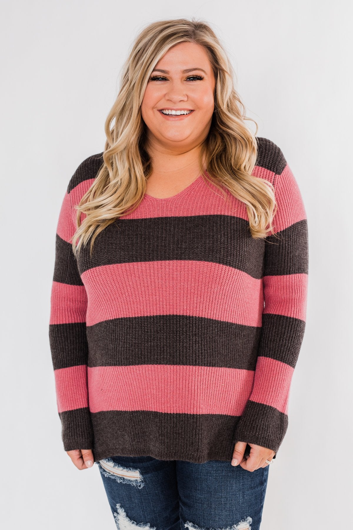Striped Knit Sweater- Pink & Charcoal