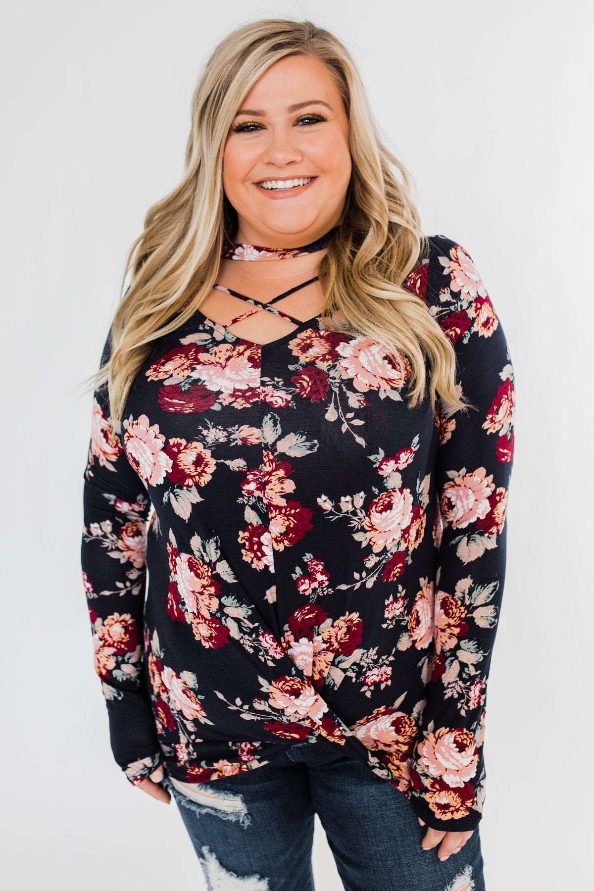 See You Later Criss Cross Floral Top- Navy