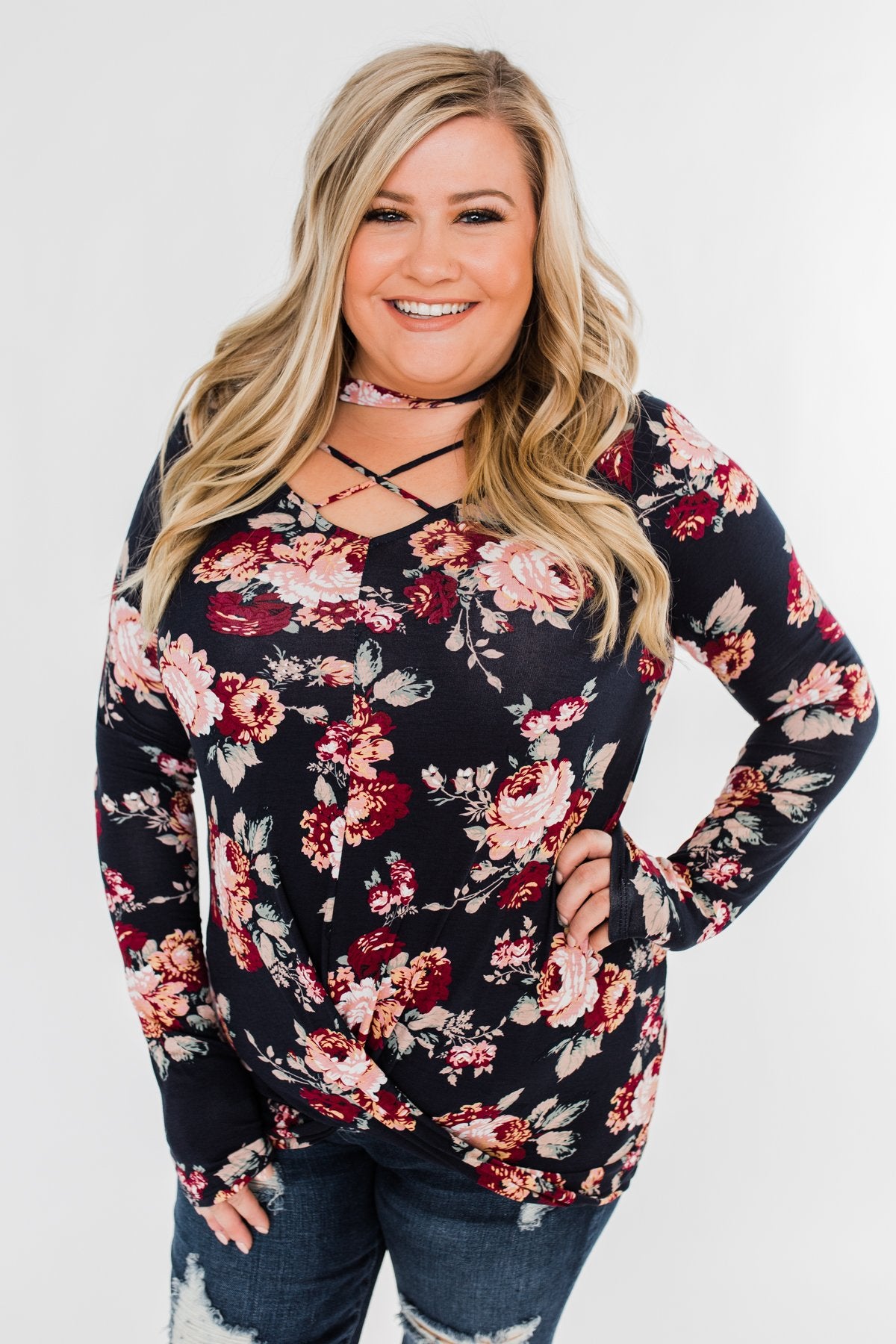 See You Later Criss Cross Floral Top- Navy