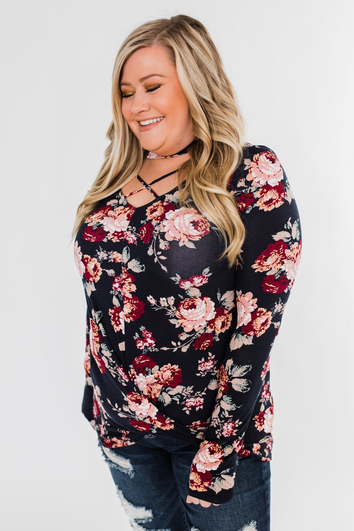 See You Later Criss Cross Floral Top- Navy