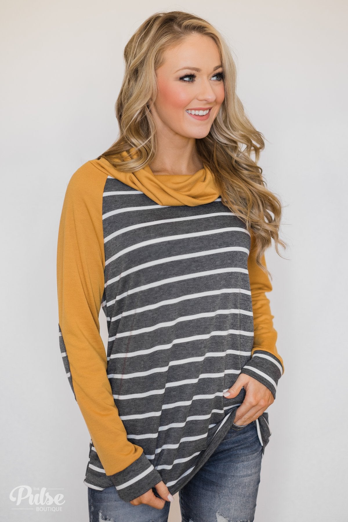 Perfect Match Striped Elbow Patch Cowl Neck- Mustard