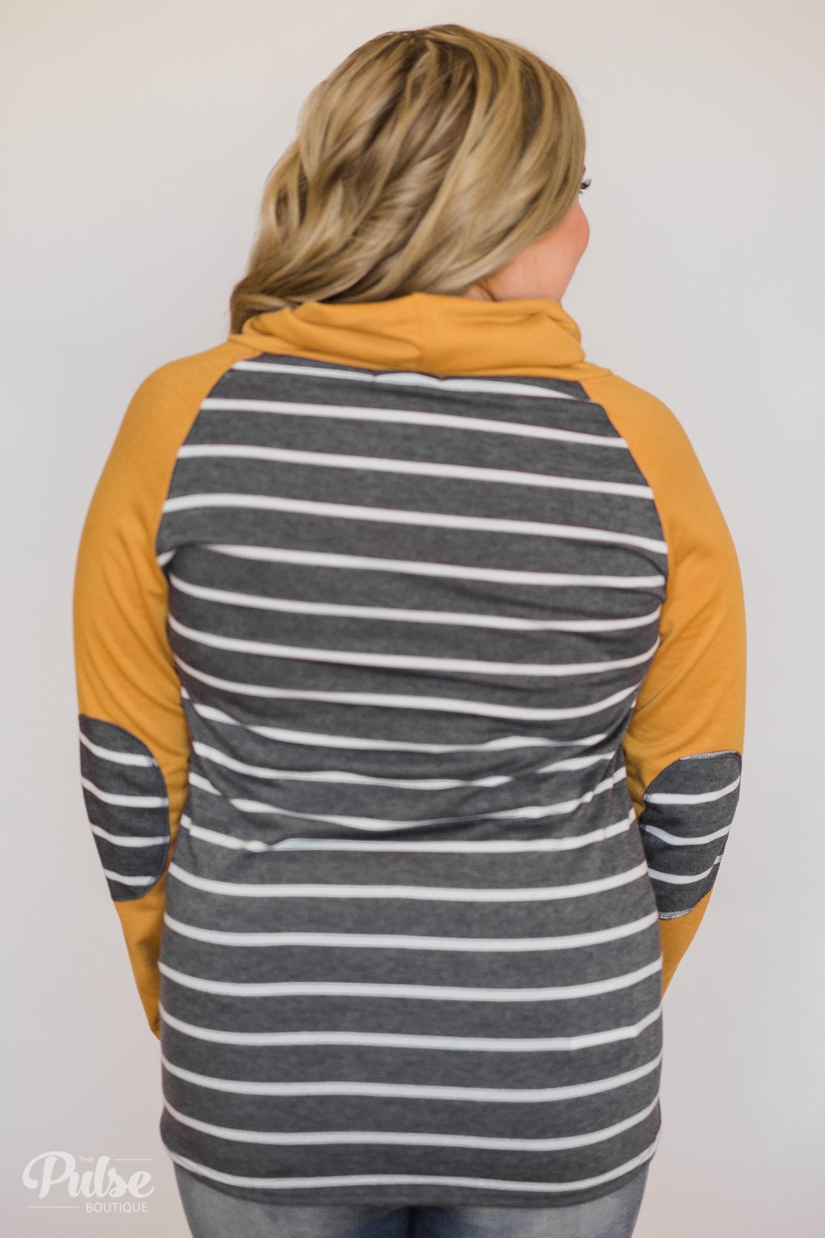 Perfect Match Striped Elbow Patch Cowl Neck- Mustard