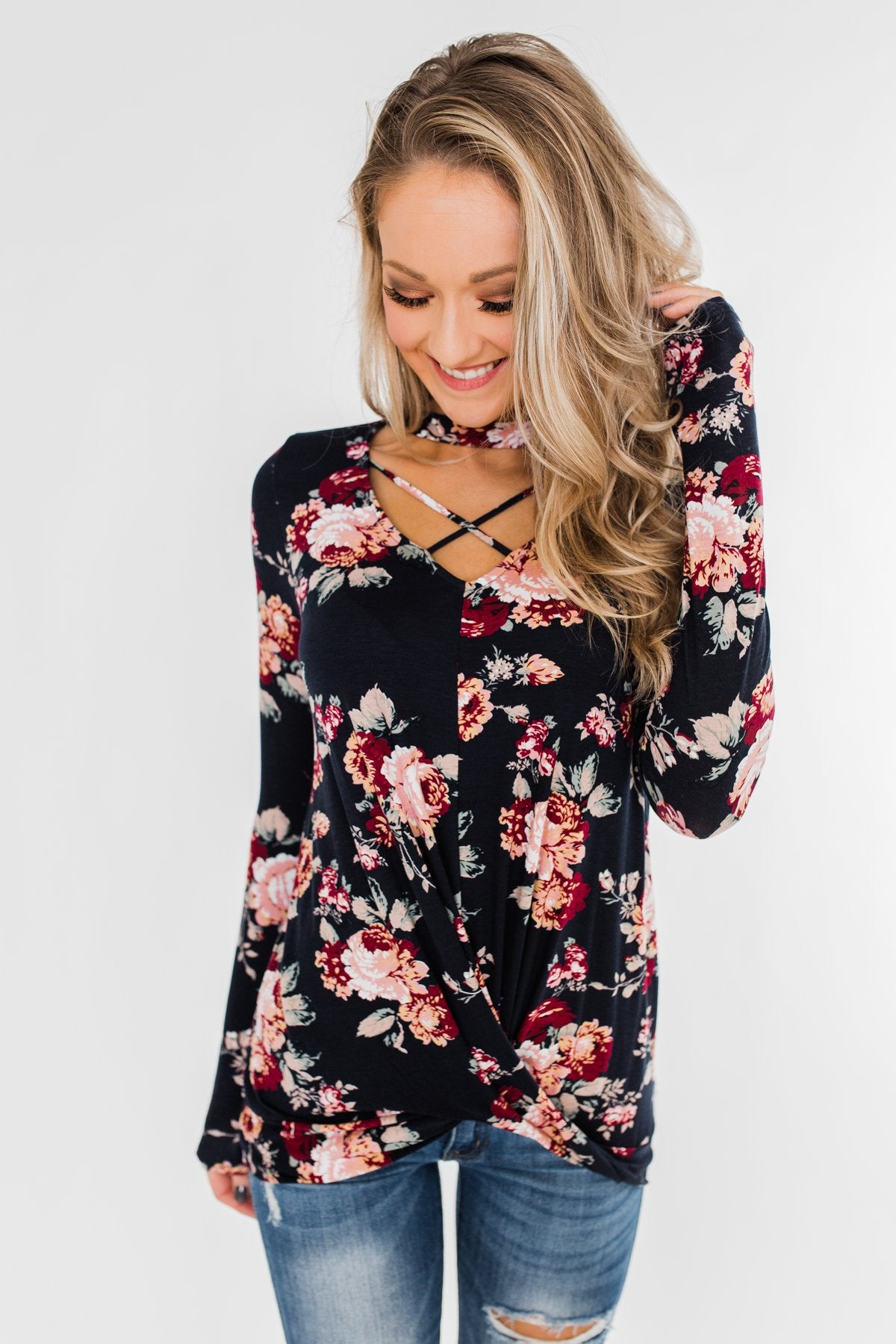 See You Later Criss Cross Floral Top- Navy