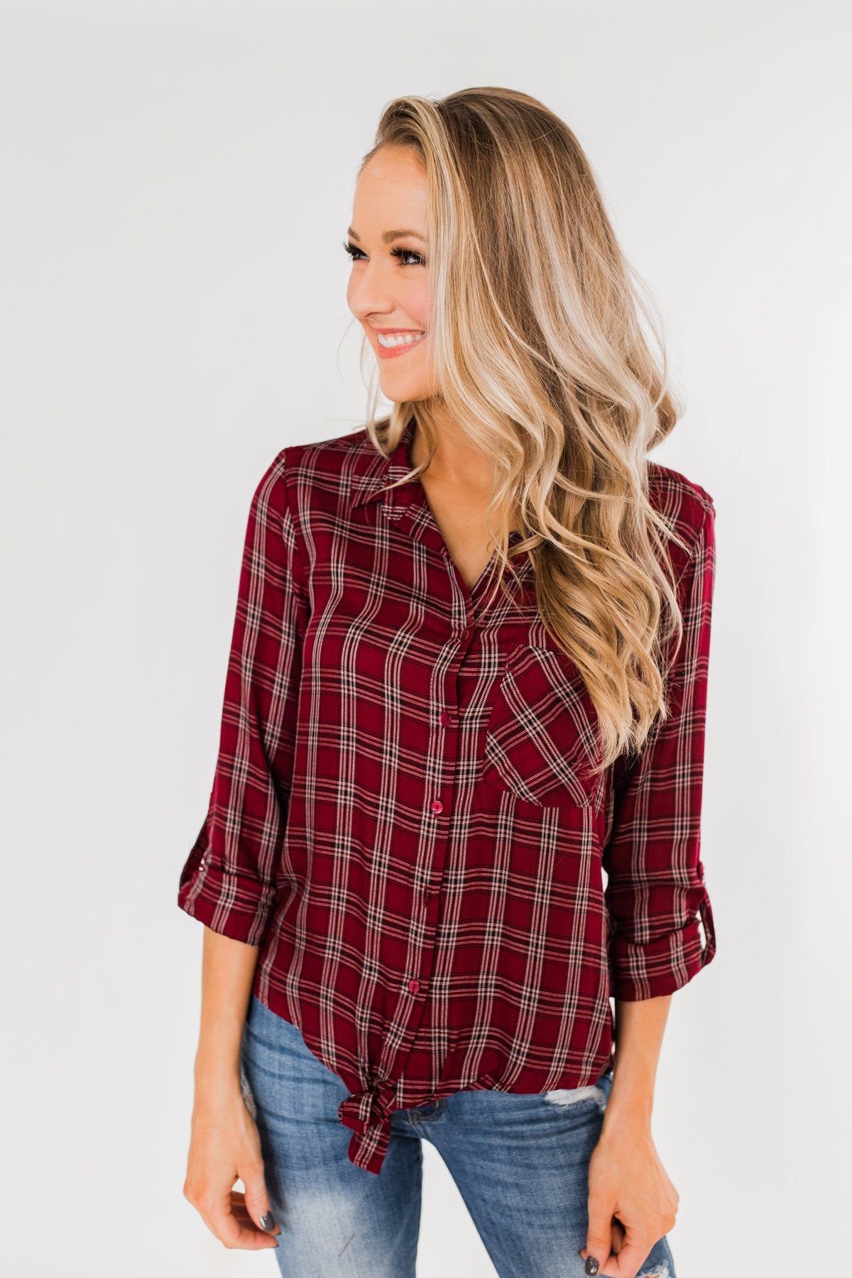 Ready For The Season Plaid Top- Cranberry
