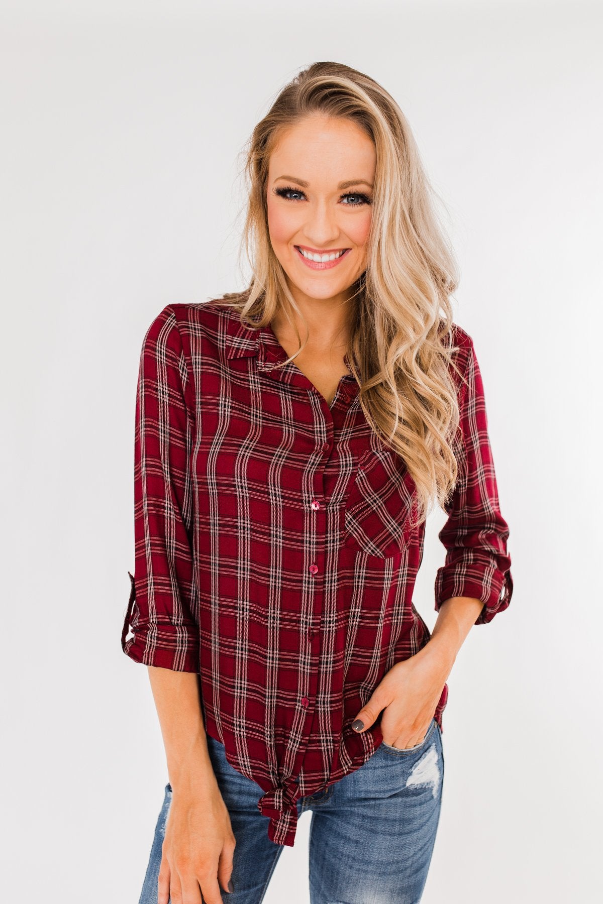Ready For The Season Plaid Top- Cranberry