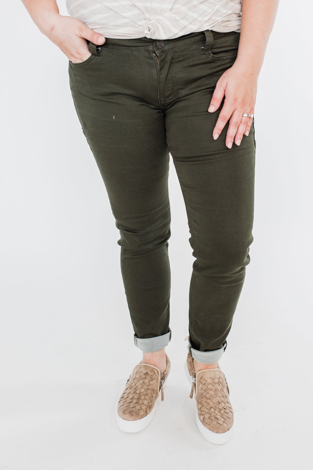 Rubberband Colored Skinny Jeans- Olive