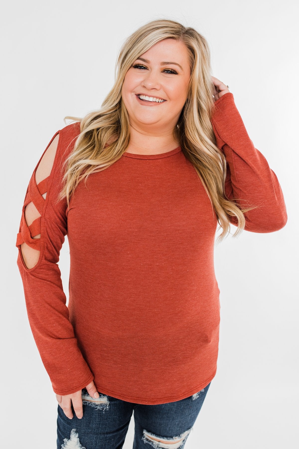Something More Exciting Cold Shoulder Top- Rust