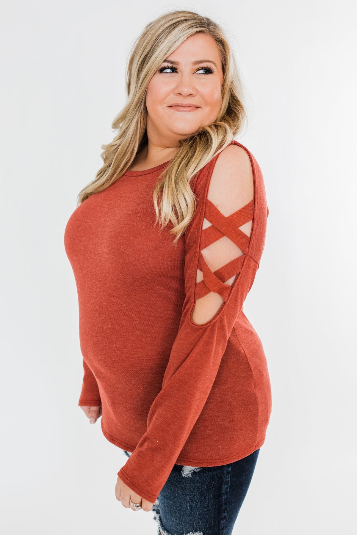 Something More Exciting Cold Shoulder Top- Rust