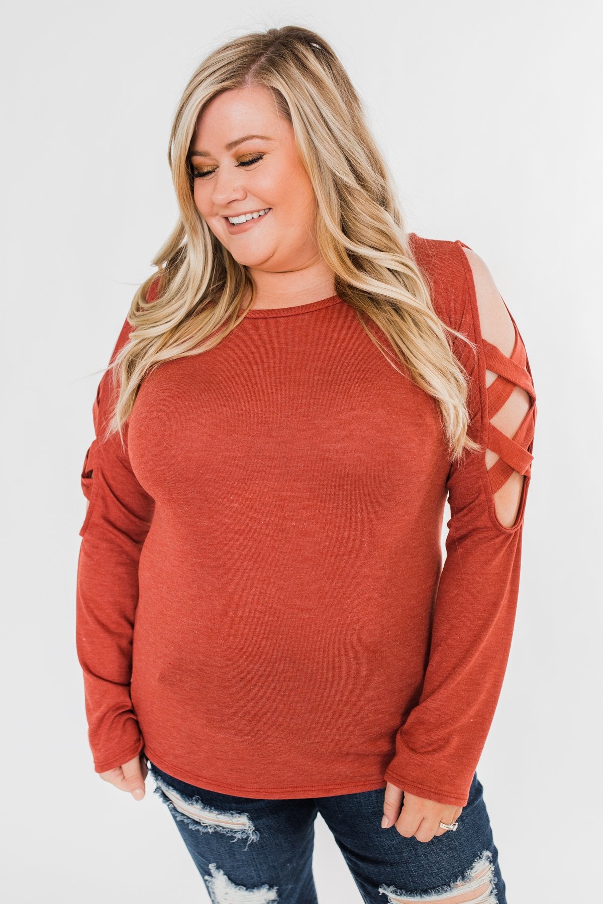 Something More Exciting Cold Shoulder Top- Rust