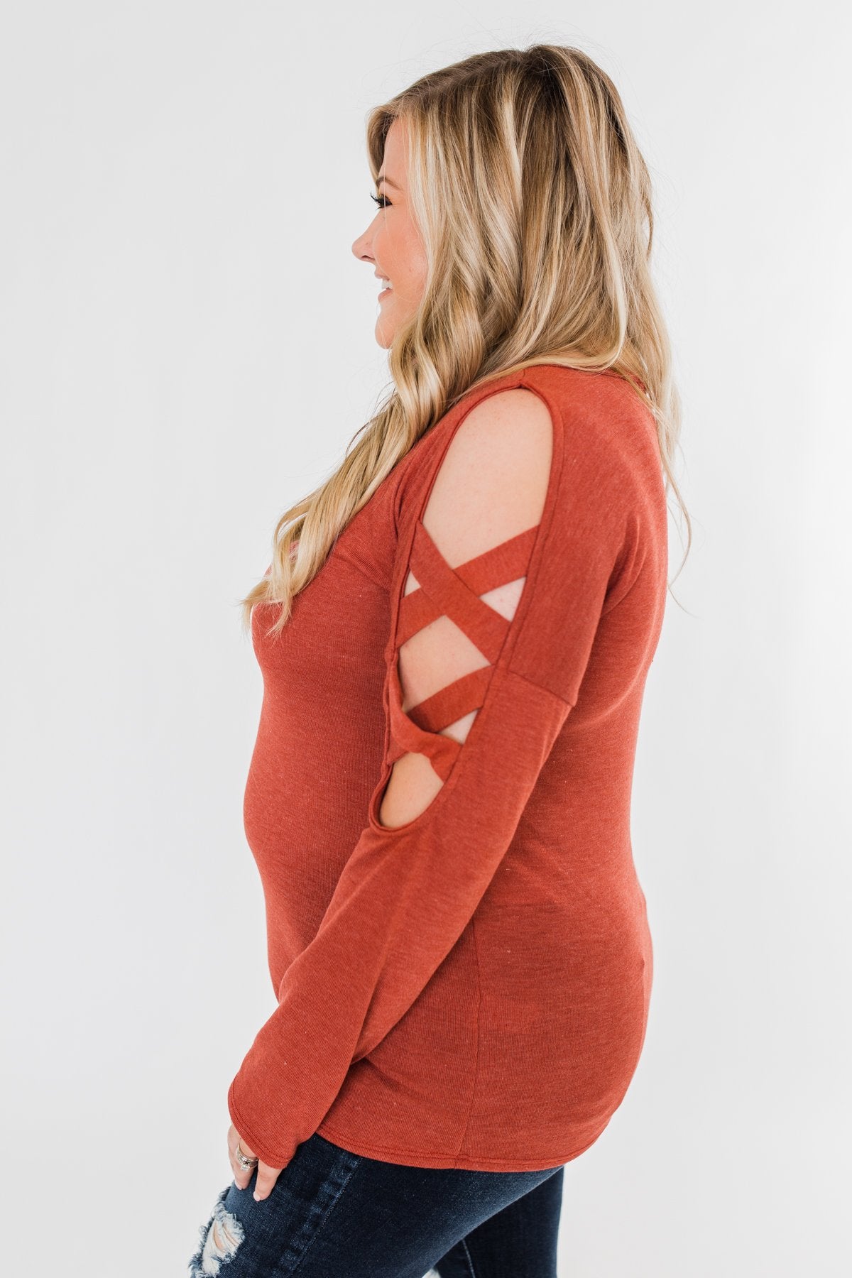 Something More Exciting Cold Shoulder Top- Rust