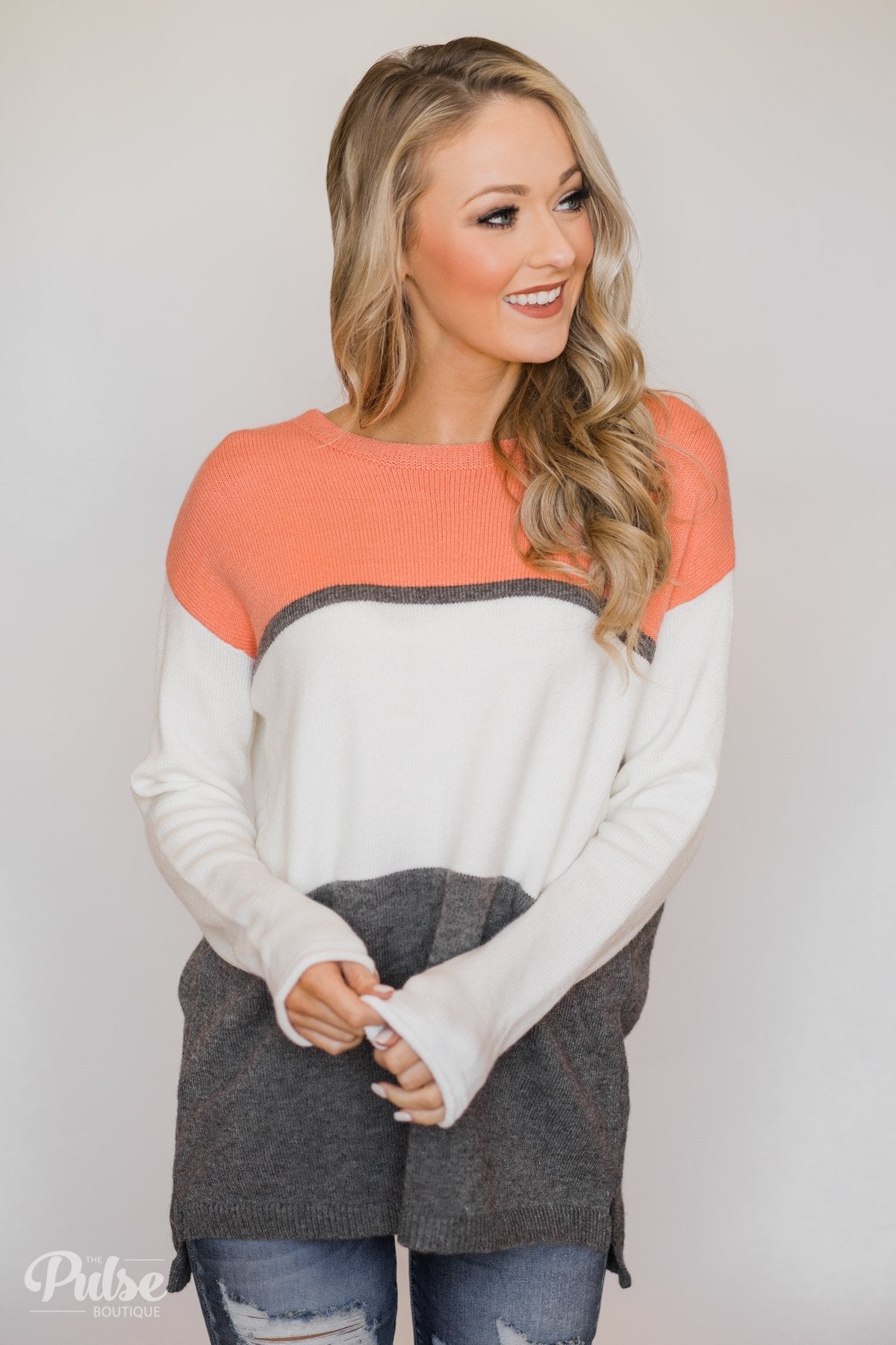 Keeping It Cozy Color Block Sweater- Peach, Ivory, Charcoal