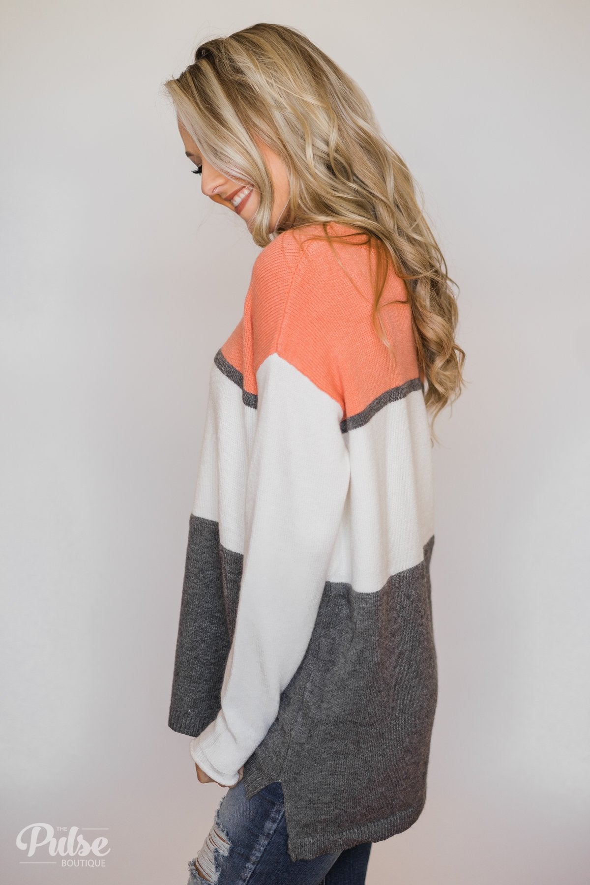 Keeping It Cozy Color Block Sweater- Peach, Ivory, Charcoal