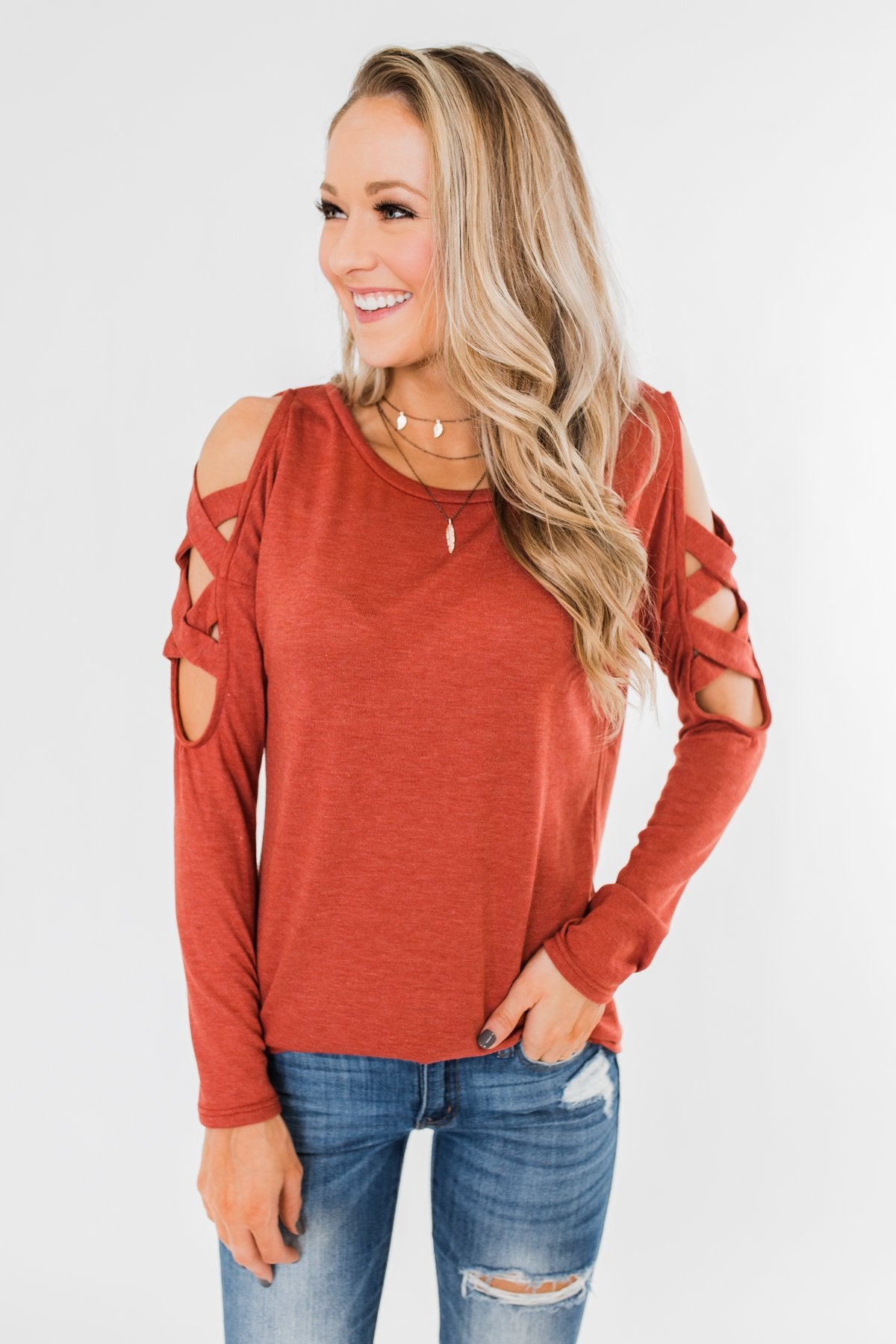 Something More Exciting Cold Shoulder Top- Rust