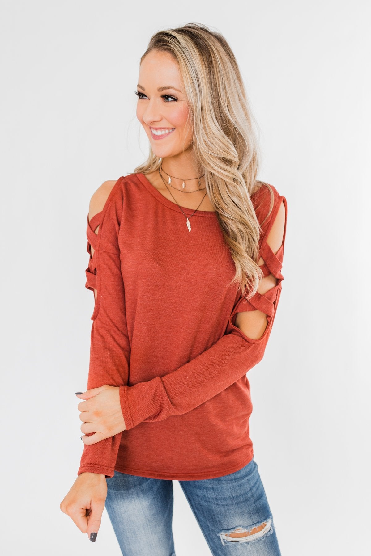 Something More Exciting Cold Shoulder Top- Rust