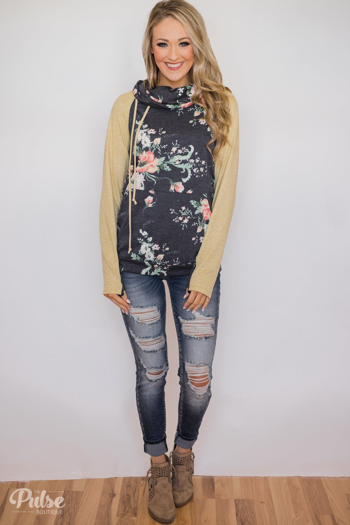 Floral Escape Cowl Neck Hoodie- Yellow