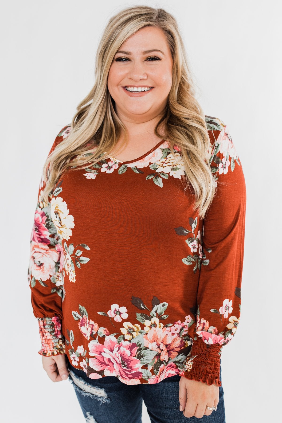Lovely Feelings Long Sleeve Floral Blouse- Spiced Apple Red
