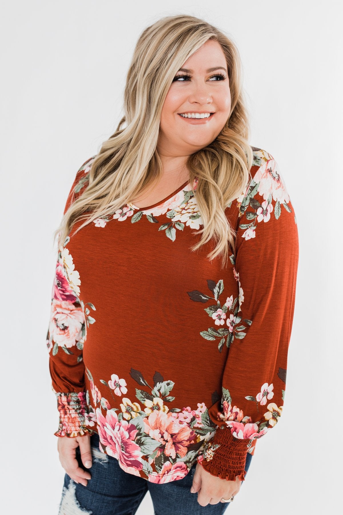 Lovely Feelings Long Sleeve Floral Blouse- Spiced Apple Red