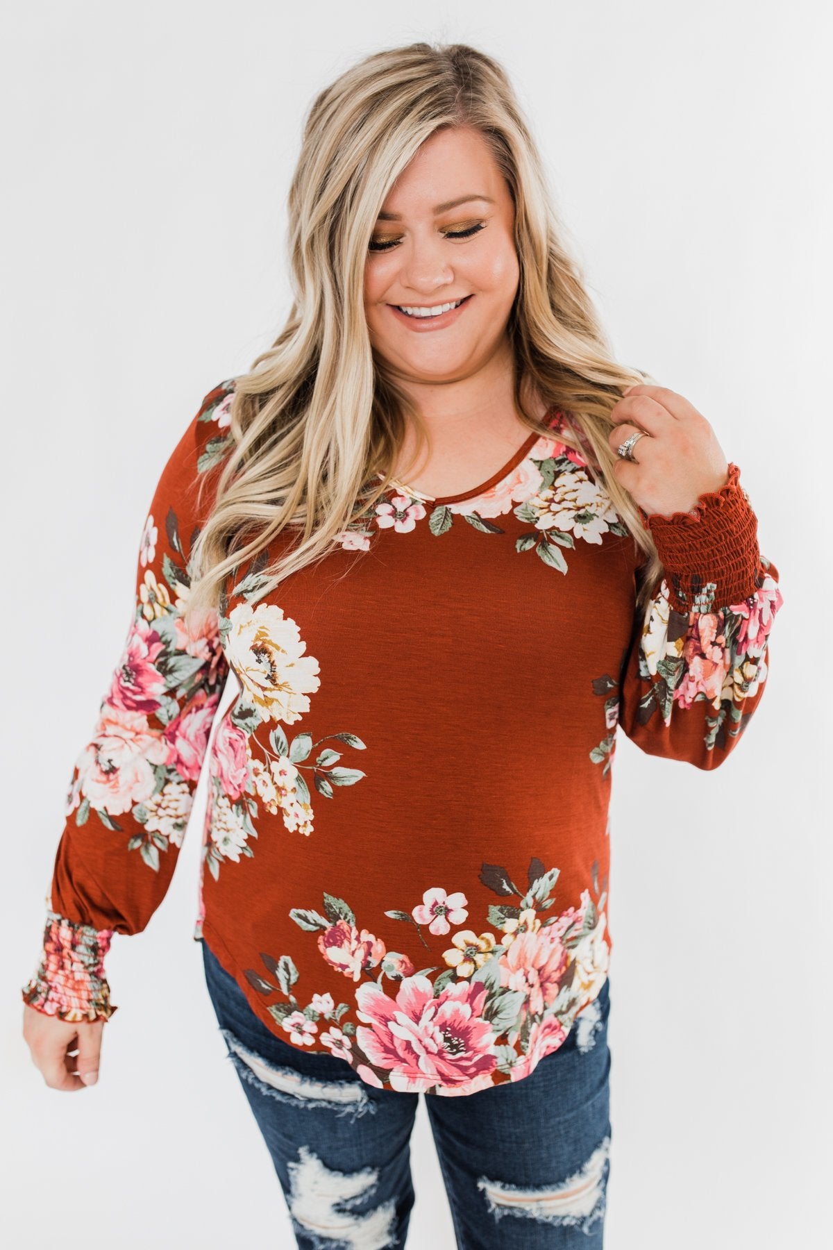 Lovely Feelings Long Sleeve Floral Blouse- Spiced Apple Red