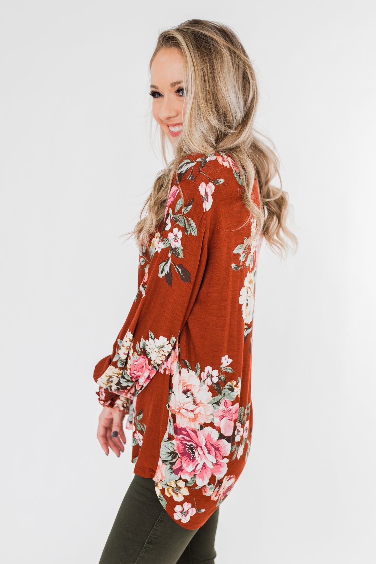 Lovely Feelings Long Sleeve Floral Blouse- Spiced Apple Red