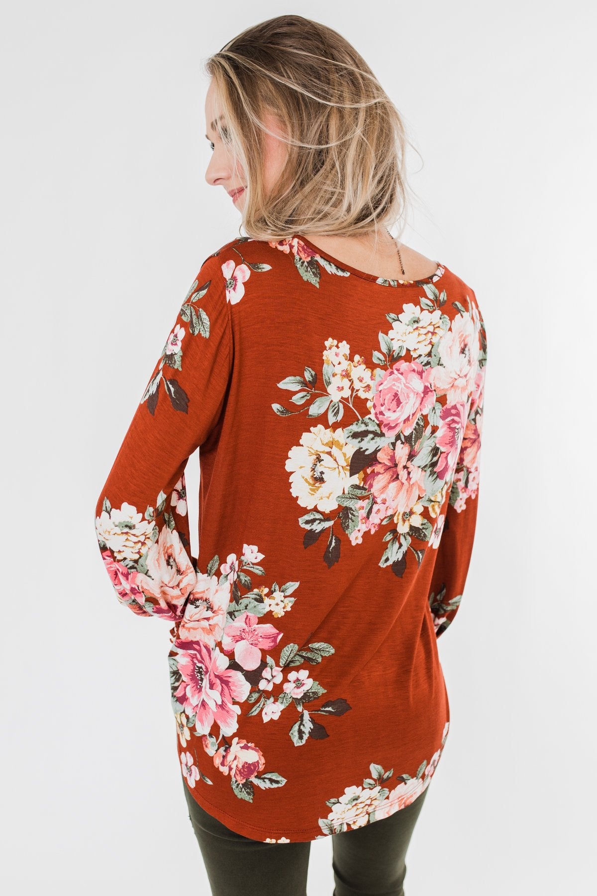 Lovely Feelings Long Sleeve Floral Blouse- Spiced Apple Red
